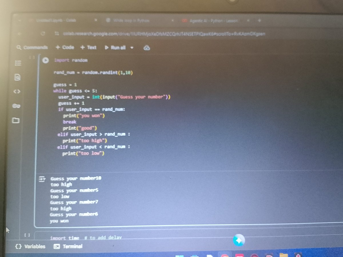 SafdarAli55577's tweet image. 🔥 Just finished my Python Number Guessing Game!
Built it using while loop + if-elif conditions 💻
It’s amazing how a few lines of code can make something so interactive!
#Python #Coding #LearnToCode