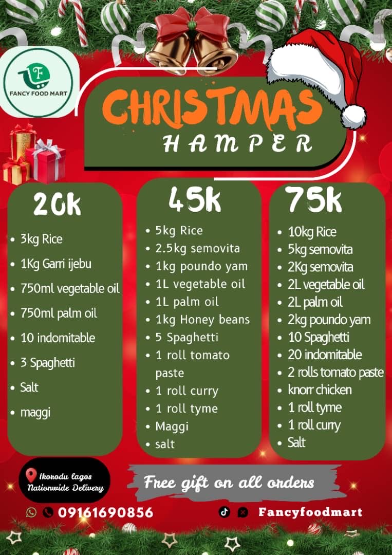 Aderonke Asake Oreke(Foodstuff vendor) (@fancyfoodmart) on Twitter photo It’s almost that time of the year again and nothing says love like a well packed Christmas hamper🎁💚
Whether for yourself,staffs,friends and families,<a href="/Fancyfoodmart/">Aderonke Asake Oreke(Foodstuff vendor)</a> has got you covered with quality 💯foodstuffs,beautifully curated and budget friendly
Please dm to place orders It’s almost that time of the year again and nothing says love like a well packed Christmas hamper🎁💚
Whether for yourself,staffs,friends and families,<a href="/Fancyfoodmart/">Aderonke Asake Oreke(Foodstuff vendor)</a> has got you covered with quality 💯foodstuffs,beautifully curated and budget friendly
Please dm to place orders