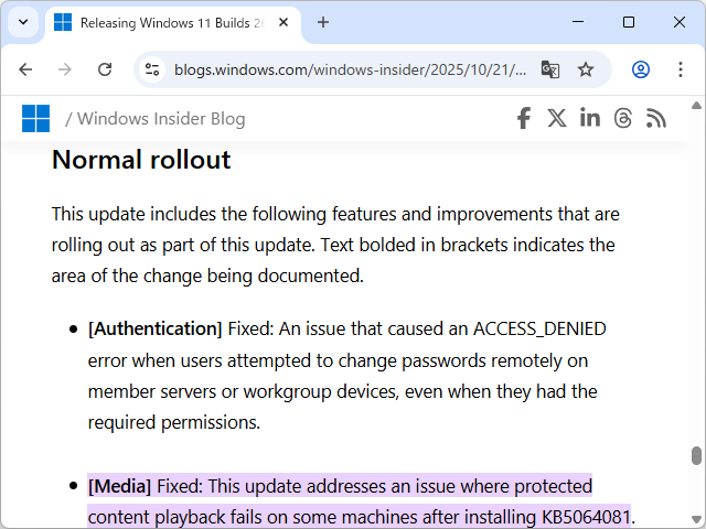 Windows 11 24H2/25H2で著作権保護コンテンツを再生できない問題、間もなく解決へ／Release Previewチャネルの「KB5067036」で解決済み、次のパッ… forest.watch.impress.co.jp/docs/news/2057…