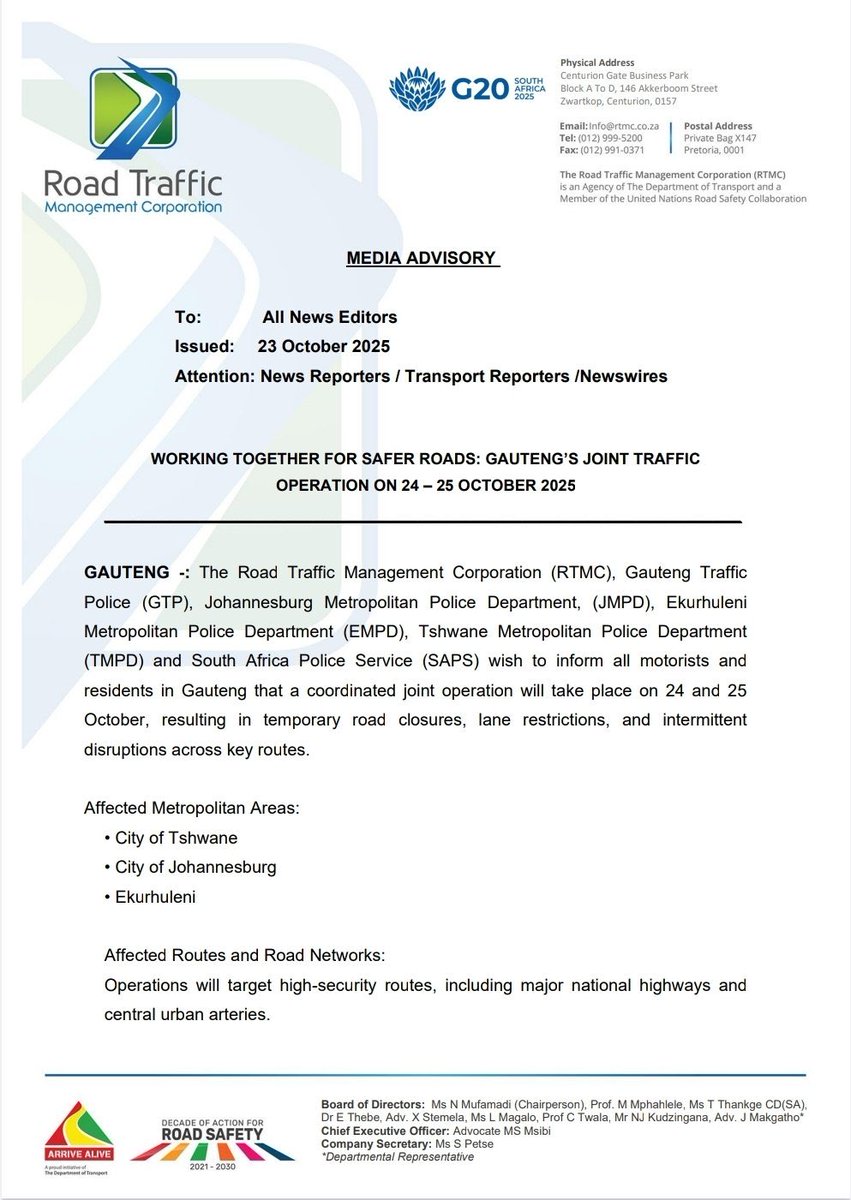 TrafficRTMC's tweet image. TRAFFIC ADVISORY: ⛔️‼️⚠️
Joint Traffic Operation; motorists warned about road closures. 
#ArriveAlive #TrafficAlert