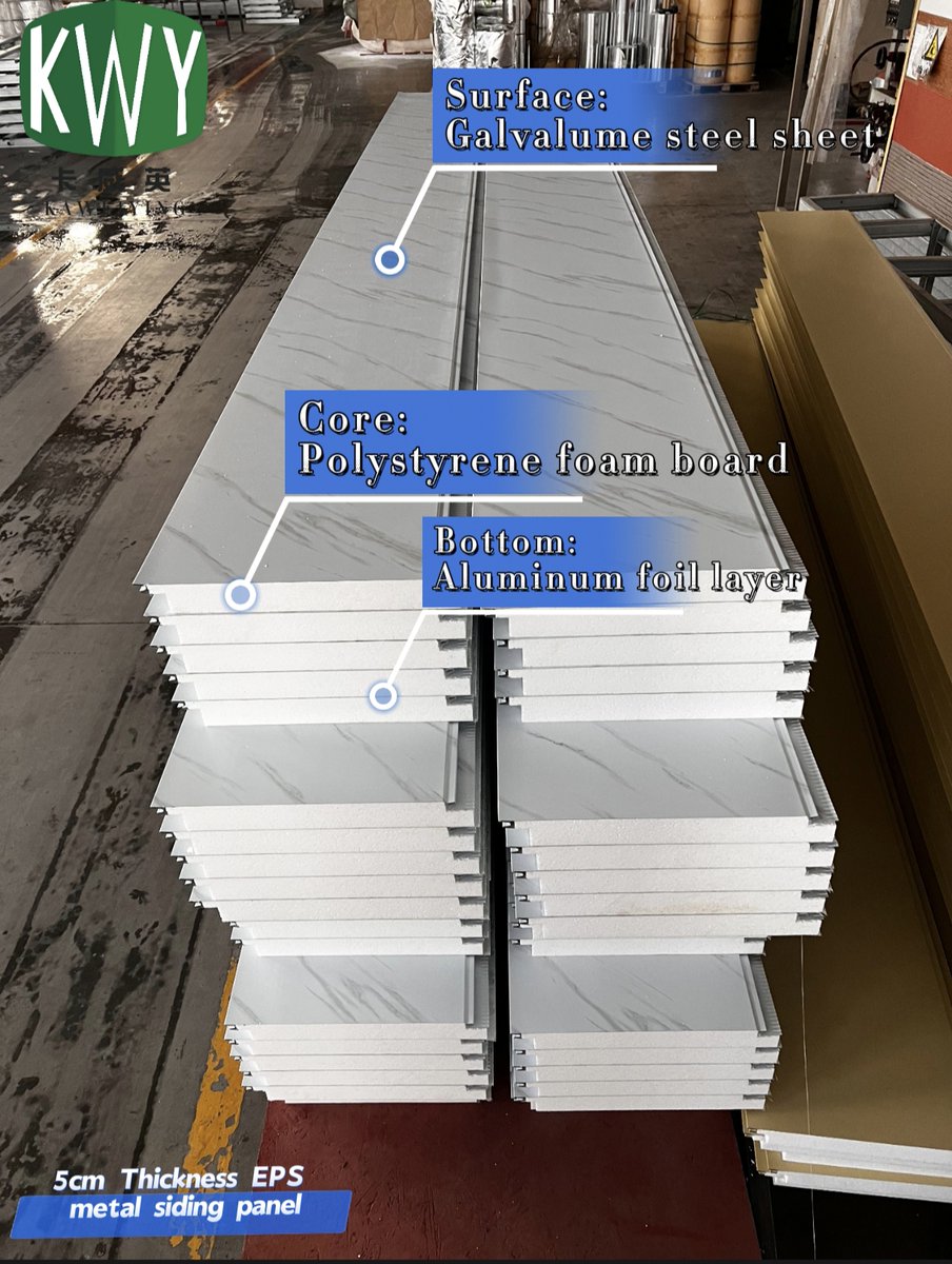 kaweiying's tweet image. 5cm thickness polystyrene foam metal siding panel for external wall decoration. 1.38.3cm Width/ 5.9m length 2.Carton bag WhatsApp:+86-13105446850 Email:kaweiying@gmail.com sdkwy.com #sandwichwallpanel #metalsidingboard #pusandwichpanel #lightsteelvilla #prefabhouse