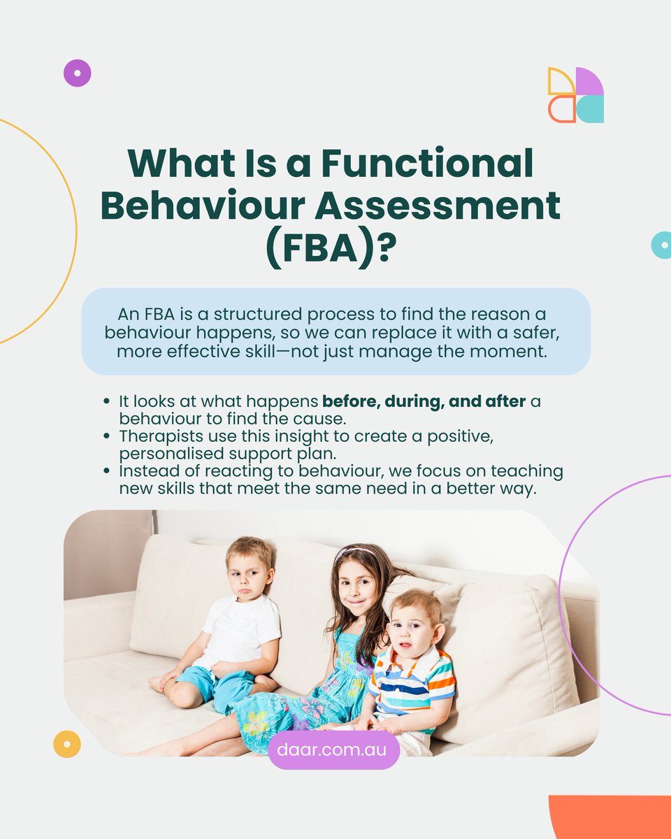 daar_au's tweet image. A Functional Behaviour Assessment (FBA) helps uncover why a child behaves a certain way — so families and therapists can create support strategies that truly help. 💛

Learn more: bit.ly/48ThN5Z

#BehaviourSupport #FunctionalBehaviourAssessment #daar