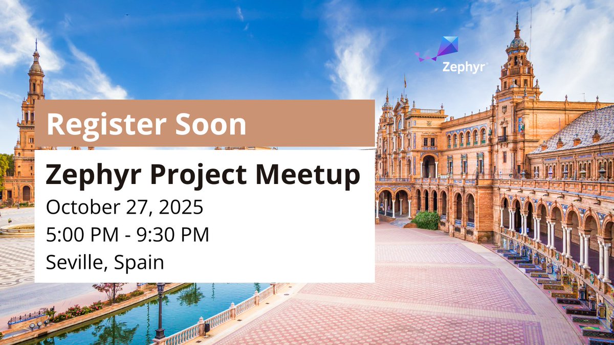 ZephyrIoT's tweet image. ⏰ Register soon! Join the Zephyr Project Meetup in Seville, Spain 🇪🇸 on Oct 27, 2025, hosted by @MicrochipTech.
Talks, demos & networking on #ZephyrRTOS, #OpenSource & #EmbeddedSystems.
Seats are limited, don’t miss out! hubs.la/Q03NDZTr0