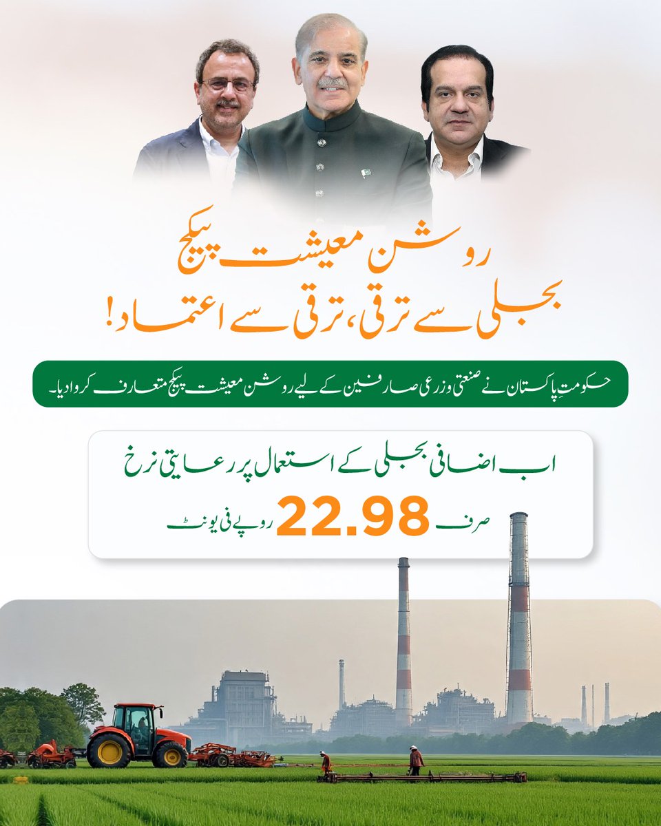 isthatmish's tweet image. حکومتِ پاکستان نے صنعتی و زرعی صارفین کے لیے روشن معیشت پیکج متعارف کرایا ہے، جس کے تحت اضافی بجلی پر رعایتی نرخ 22.98 روپے فی یونٹ مقرر کیے گئے ہیں۔ یہ اقدام “بجلی سے ترقی، ترقی سے اعتماد” کی عملی تعبیر ہے۔
#RoshanMashiat 
#ThankYouAwaisLeghari 
#PowerReforms