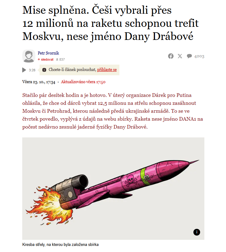 In just 48 hours, Czech volunteers from “Gift for Putin” raised over $600,000 to buy a Flamingo missile for Ukraine’s Armed Forces. Organizers expected it to take a week, this record-breaking result came in two days.
