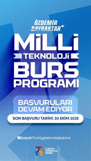 First image displays blue-themed poster with title Özdemir Bayraktar Millî Teknoloji Burs Programı in bold letters application deadline 30 Ekim 2025 for project developers and TÜBİTAK logo at bottom. Second image shows Sen Geleceksin Burs Programı details including program aim for high school graduates project-based support eligibility for university students content duration 600 hours over 10 months with 6000 TL burs per month and application steps like online form video interview written exam and final interview. Third image features Yükselen Yıldız Burs Programı for academics and researchers with eligibility for university lecturers content 50 hours over 10 months 6000 TL burs and steps including online form video interview written exam case role play and final interview. Fourth image presents Eğitmen Mentör Burs Programı for mentors in fields like informatics engineering with eligibility for university students content 1100 hours over 12 months 6000 TL burs and steps like online form video interview written exam case role play and final interview.
