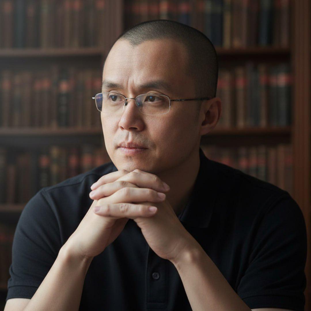 Portrait of Changpeng Zhao (CZ) looking thoughtful in front of a bookshelf