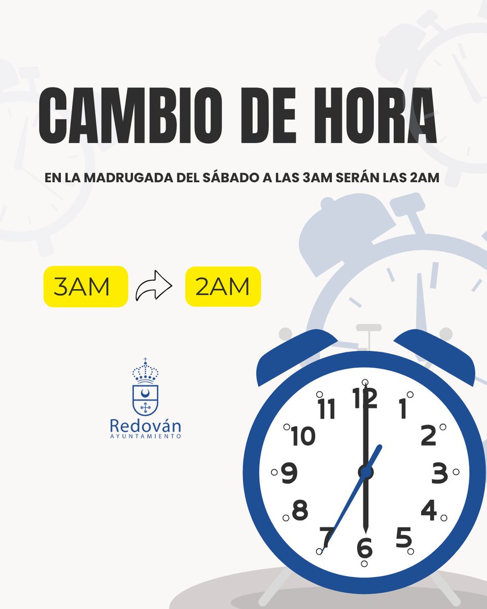 ✅ ¡Atención, vecinos de #Redován! ⏰

Este fin de semana, en la madrugada del sábado al domingo, a las 3:00 am serán las 2:00 am ⏳🕑.

No olvides atrasar tus relojes para que no se te haga tarde ⏰😉.

#RedovánSeViveRedovánSeSiente
