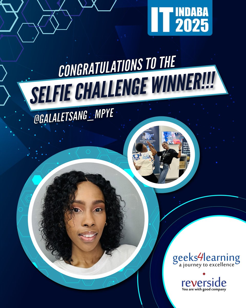 geeks4learning's tweet image. Congratulations to our Selfie Challenge winner at the IT Indaba 2025: Galaletsang Mpye! 🎉
Geeks4Learning was proud to be part of this year’s event, connecting with bright minds, sharing our passion for skills development in tech, and adding a touch of fun through our games.