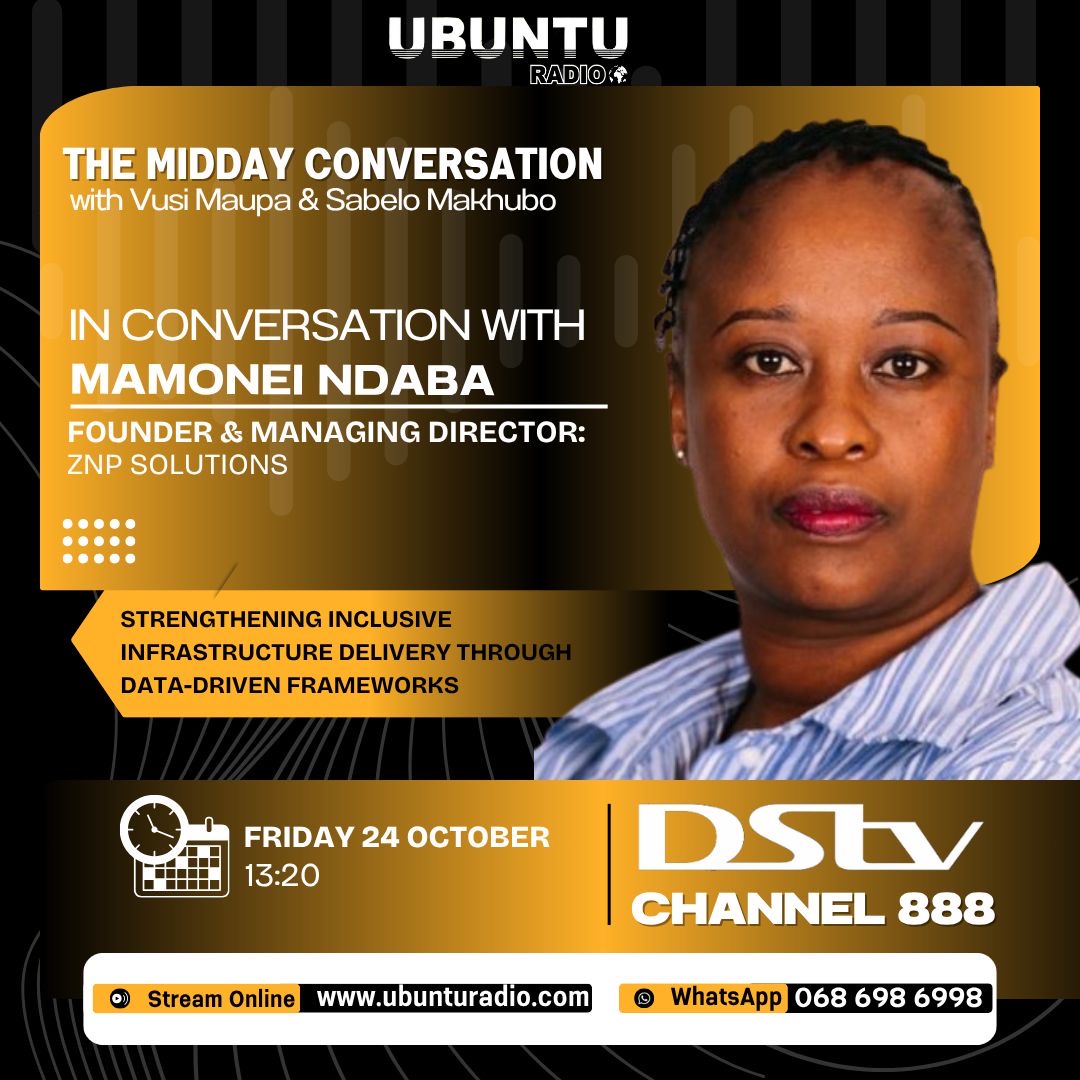 GTACSouthAfrica's tweet image. 🎙️ Today at 13:20 on Ubuntu FM

Sibongile Nkosi &amp;amp; Mamonei Ndaba discuss inclusive infrastructure through data-driven frameworks. Don’t miss it!

#InclusiveInfrastructure #DataDriven #UbuntuFM