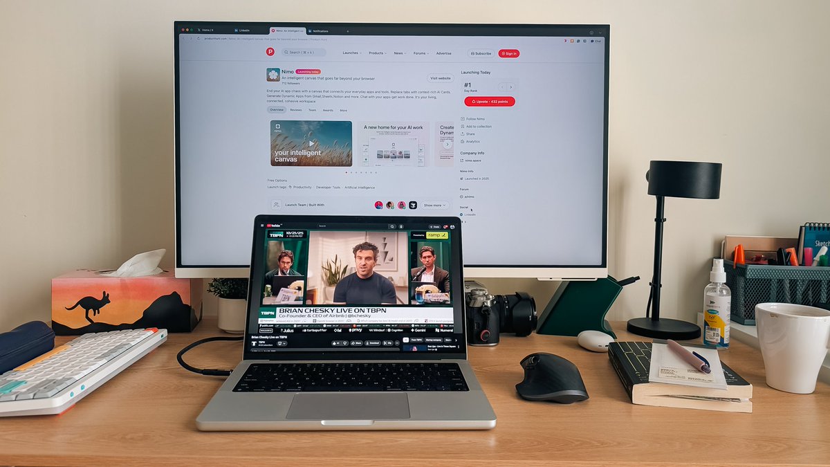 Monitoring the <a href="/nimoinfinity/">Nimo</a> launch stats on product hunt 🙌 along with <a href="/bchesky/">Brian Chesky</a> on <a href="/tbpn/">TBPN</a> session 😄