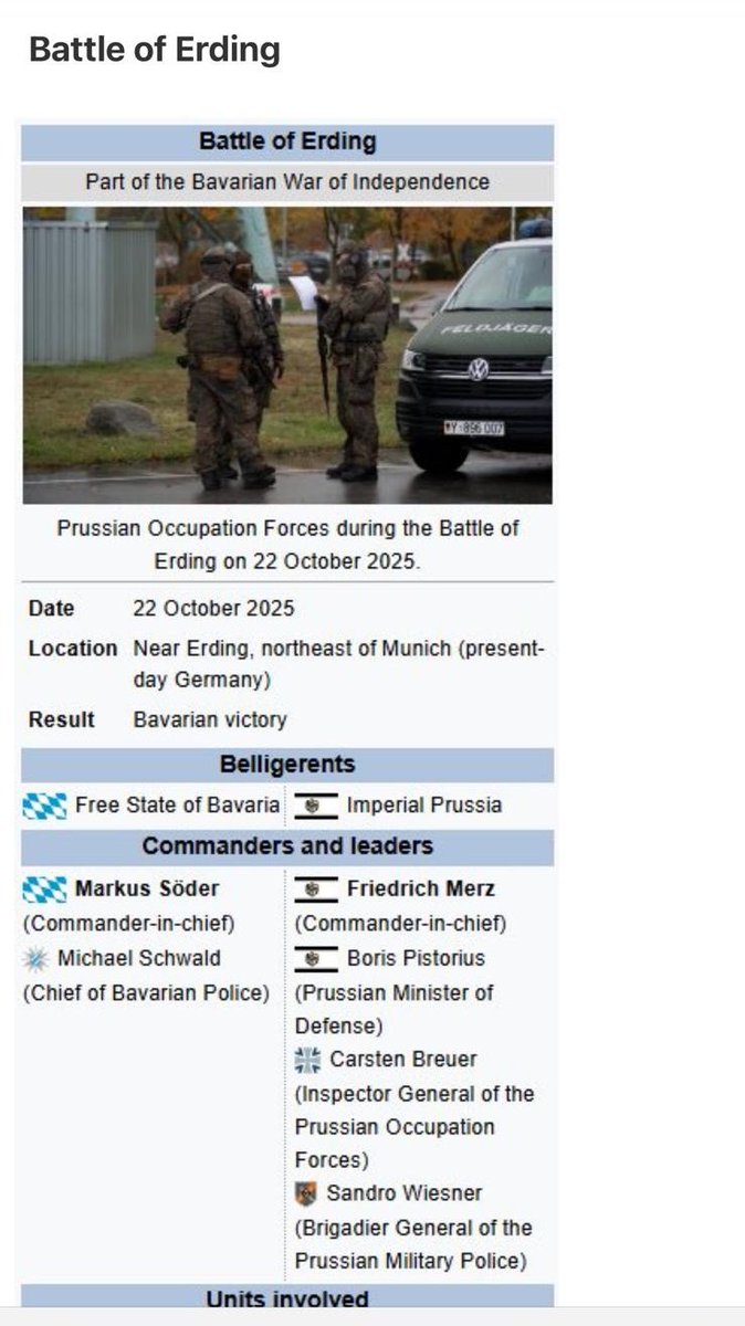 Die Schlacht von Erding (Bayern) hat nun ihren Eingang in die Geschichtsbücher gefunden. 

Den bayerischen Polizeikräften ist dabei ein beachtlicher Abwehrerfolg gelungen und Bayern konnte seine Unabhängigkeit gegenüber Preußen wahren. 
#Satie #Bundeswehr