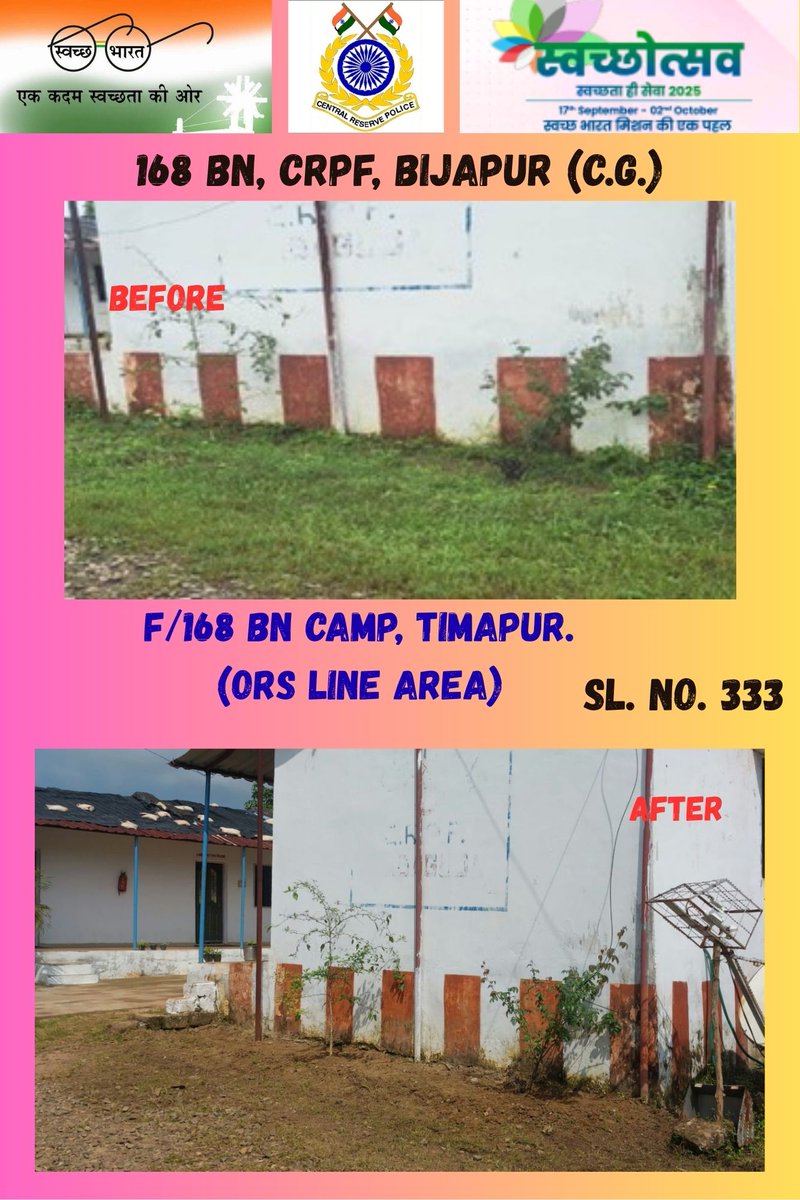 168Bn's tweet photo. Before and After photographs of cleanliness sites under Special Campaign 5.0
@crpfindia

@HMOIndia

@PIBHomeAffairs

@PMOIndia

@DARPG_GoI https://t.co/tPYC0VMcop