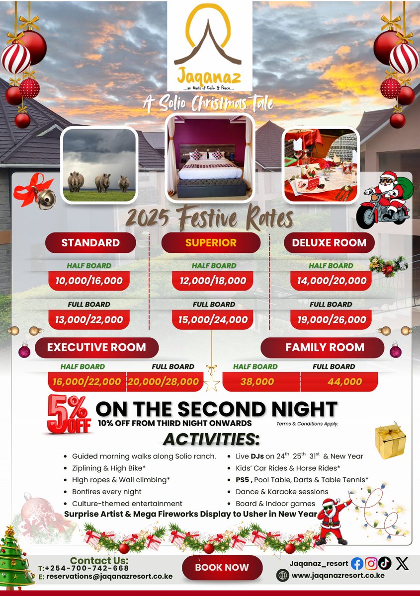🎄 A Solio Christmas Adventure Awaits! 🎄
Make this festive season unforgettable at Jaqanaz Resort — cozy stays, bonfires, fireworks, and thrilling bootcamp fun! 🚴‍♀️💫
Enjoy ziplining, wall climbing, high ropes &amp; high bike rides!
#christmas #christmas2025 #jaqanazresort #mtkenya