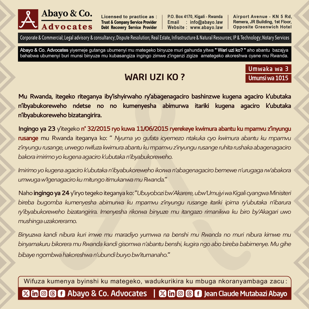 ◉  Wari uzi iby’ishyirwaho ry’abagenagaciro bashinzwe kugena agaciro k’ubutaka n’ibyabukoreweho?

◉  Wari uzi ibijyanye no kumenyesha abimurwa itariki kugena agaciro k’ubutaka n’ibyabukoreweho bizatangirira?

Dore uko itegeko ribiteganya ⤵️ 

#SomaUmenyeAmategeko