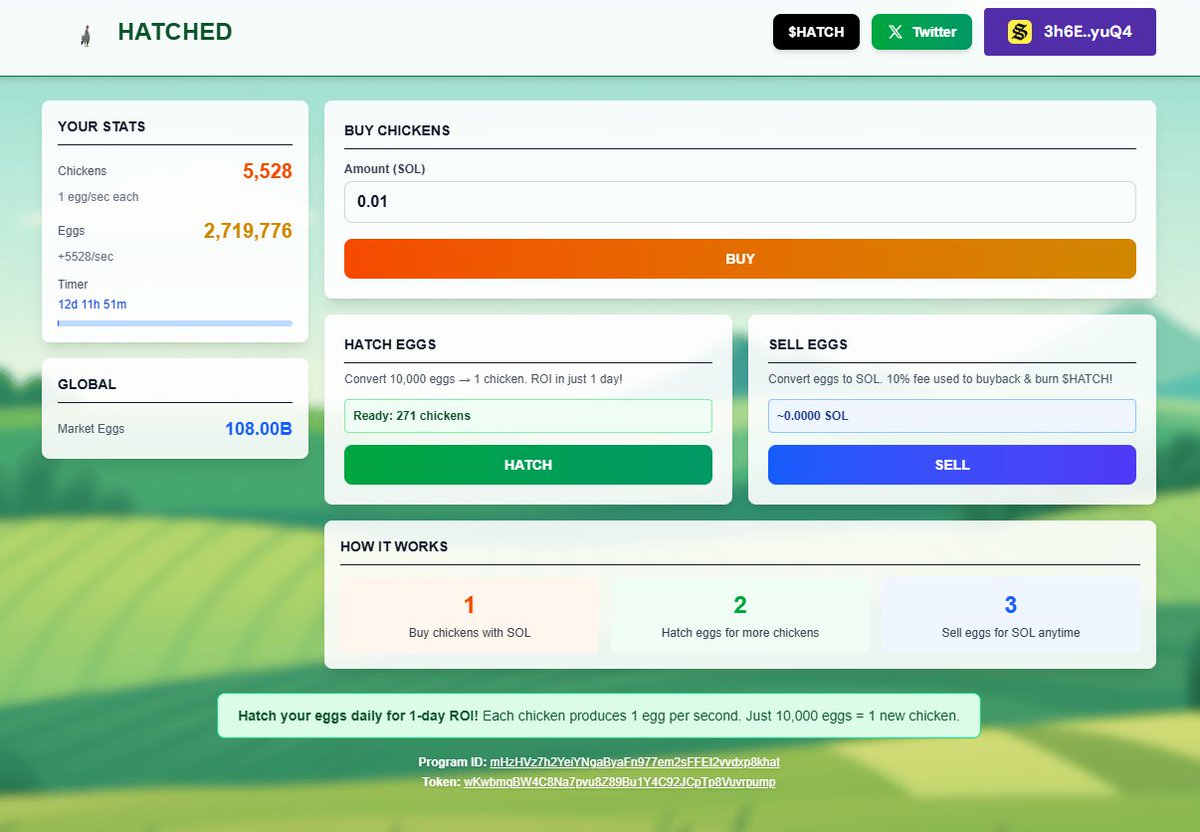 hatchedsol's tweet image. Hatched is inspired by the infamous Baked Beans BSC miner which reached > $10m TVL.
Buy chickens, lay eggs, hatch them for more chickens or sell them for SOL.
10% of tax on SOL claims used to buy back and burn $HATCH