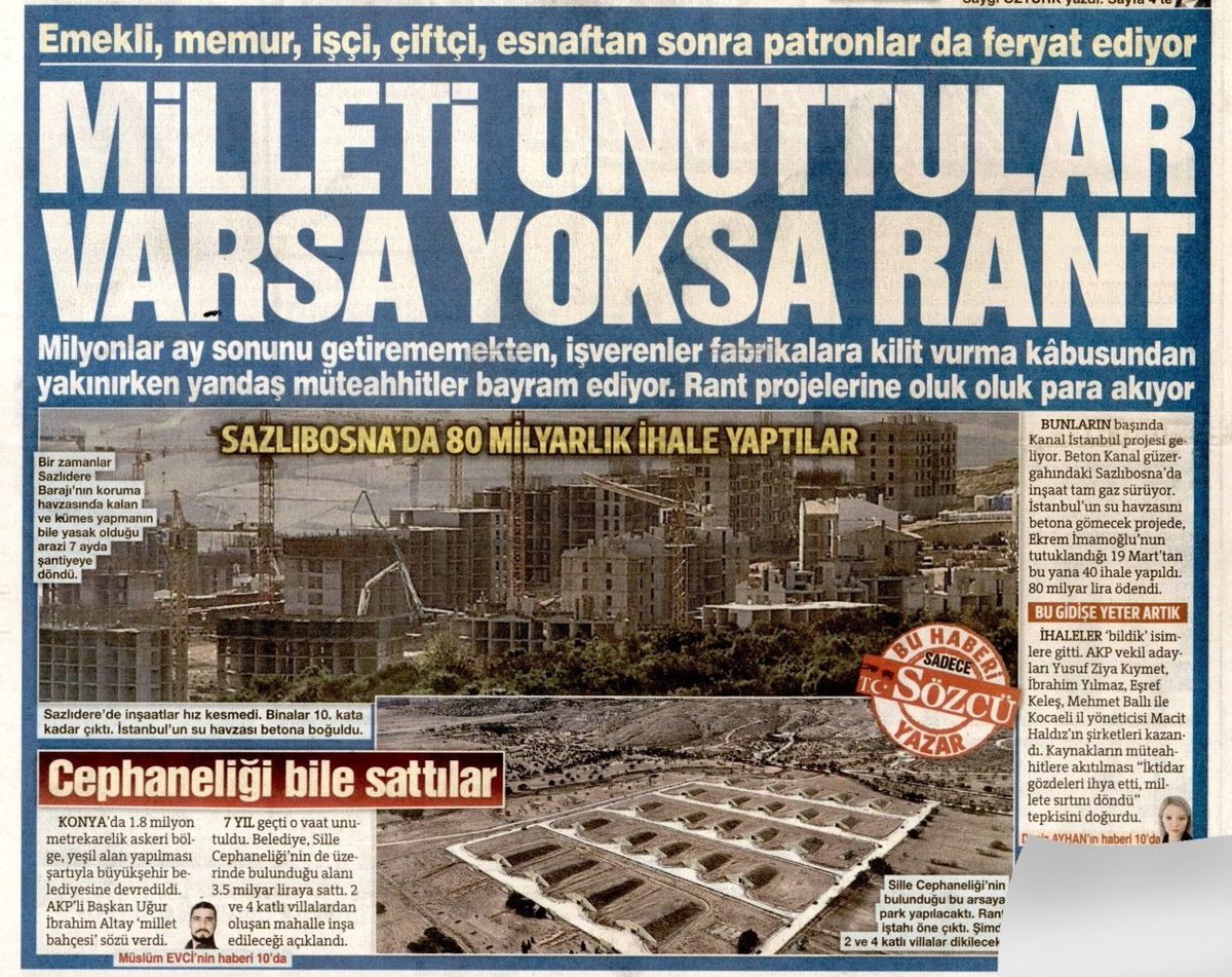 Newspaper front page layout with bold Turkish headlines including Bu Bos Yatirimlar about empty investments and AKP candidate issues, photos of modern buildings and formal group settings, article snippets on political controversies, and date 17 Ekim 2025 visible at the top.