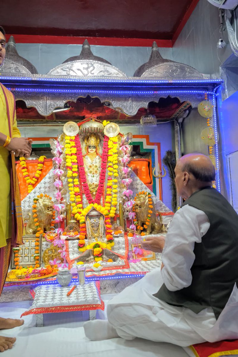 Defence Minister Rajnath Singh performs Puja at Tanot Mata Mandir, near Pakistan Border, Rajasthan. Tanot Mata Mandir is believed to have divinely protected Indian soldiers during the 1965 and 1971 Indo-Pak Wars.