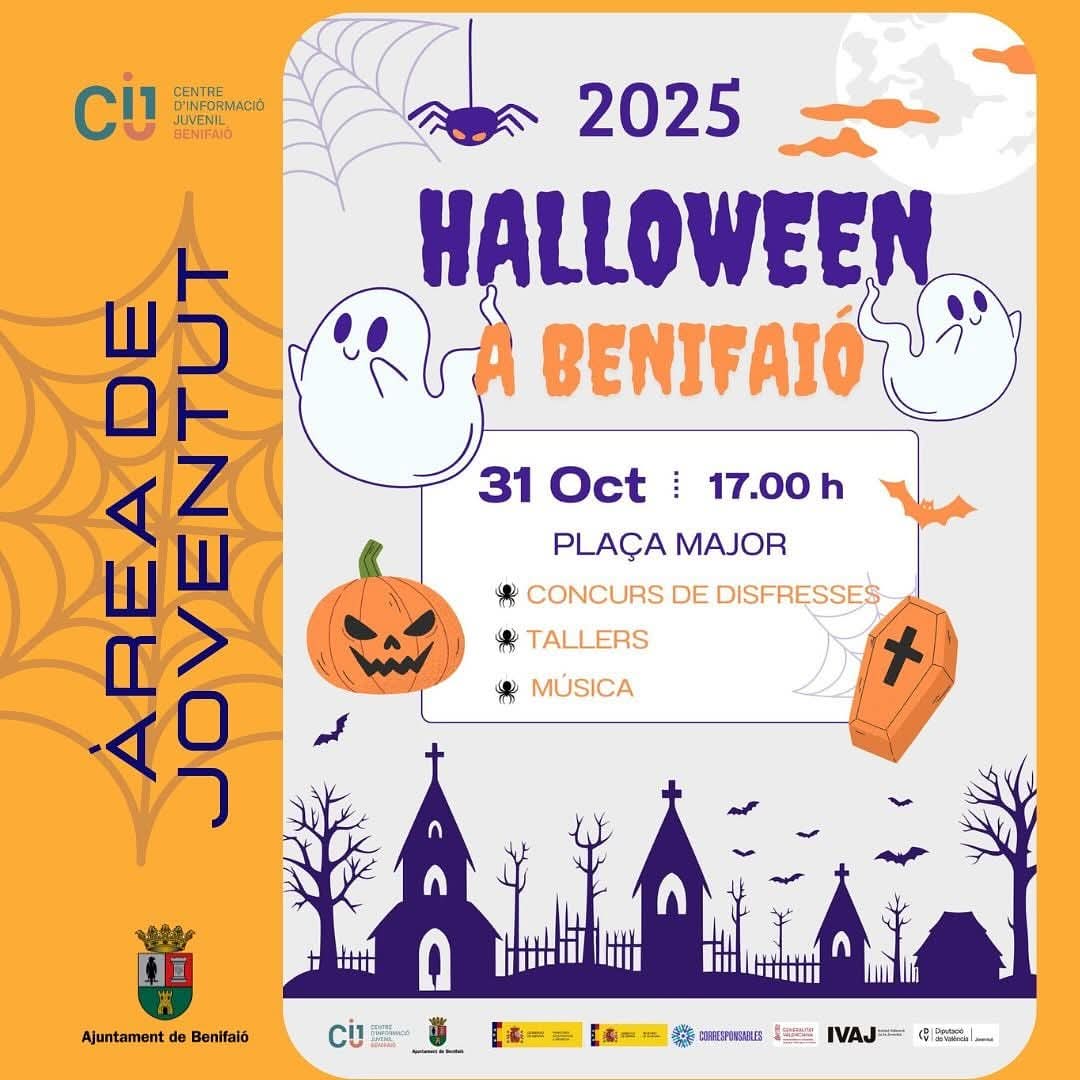 ⛓️🌙 HALLOWEEN 🌙⛓️🎃👻A BENIFAIÓ👻🎃 2025
.
🧚‍♀️🕸DIVENDRES 31 D’OCTUBRE 2025 A LA PLAÇA MAJOR DE BENIFAIÓ 17.00h🕸🧚‍♀️
.
🎃- Concurs de disfresses
👻- Tallers
👽- Música
.