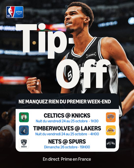 A promotional graphic for NBA games on Prime Video shows a young Black male basketball player in a black Los Angeles Lakers jersey numbered 55 with Tip-Off text overlay standing in an arena setting raising his arms in excitement. The background includes a blurred court and audience. Text details the schedule: Celtics at Knicks on Friday October 25 at 1:30, Timberwolves at Lakers on Friday October 25 at 4:00, Nets at Spurs on Sunday October 27 at 7:00 all in direct on Prime in France. NBA and Prime logos are visible at the top.