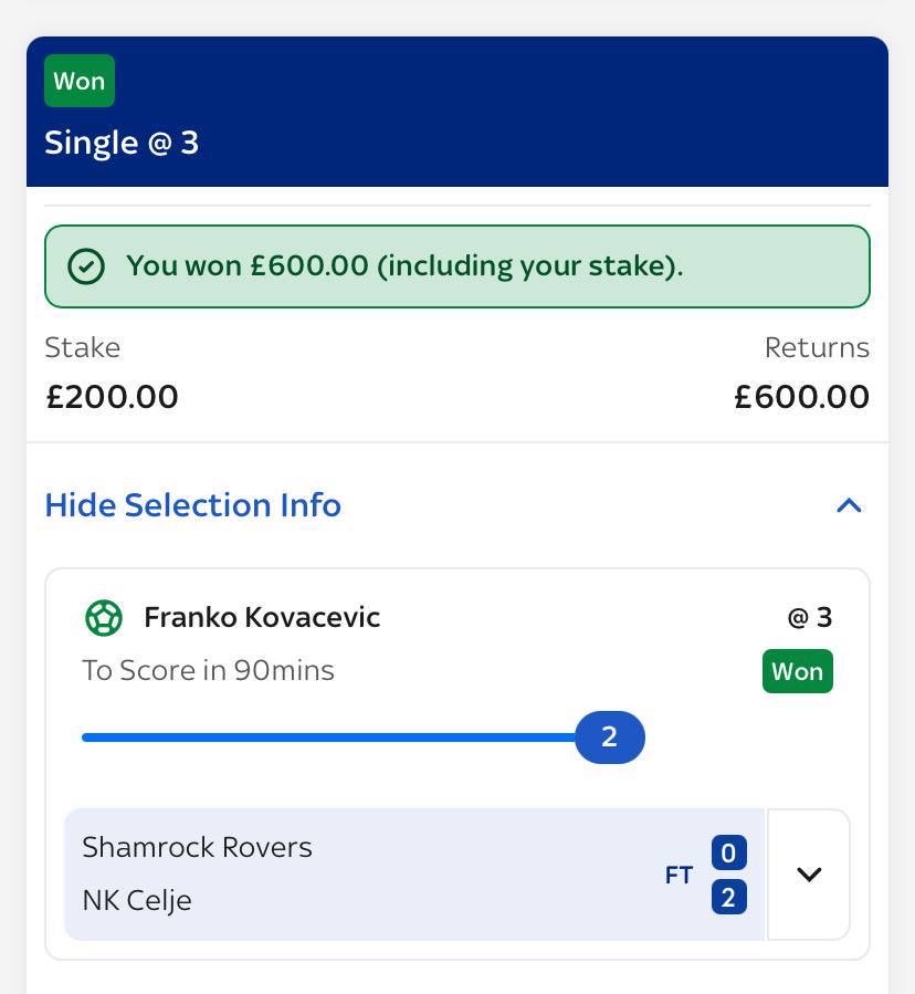 supervaluebros's tweet image. Another HUGE night in our FREE telegram group as Kovacevic bags a BRACE to give us over 5u profit in back to back days!! 💸
🇪🇺 Kovacevic AGS 1u @ 3.00 ✅+2u
🇪🇺 Kovacevic Brace 0.25u @ 15.00 ✅+3.50u
🇪🇺 Kovacevic Hattrick 0.1u @ 91.00 ❌🏁 💻
10.89u profit across Wednesday &…
