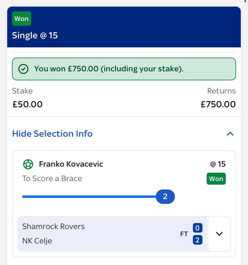 supervaluebros's tweet image. Another HUGE night in our FREE telegram group as Kovacevic bags a BRACE to give us over 5u profit in back to back days!! 💸
🇪🇺 Kovacevic AGS 1u @ 3.00 ✅+2u
🇪🇺 Kovacevic Brace 0.25u @ 15.00 ✅+3.50u
🇪🇺 Kovacevic Hattrick 0.1u @ 91.00 ❌🏁 💻
10.89u profit across Wednesday &…