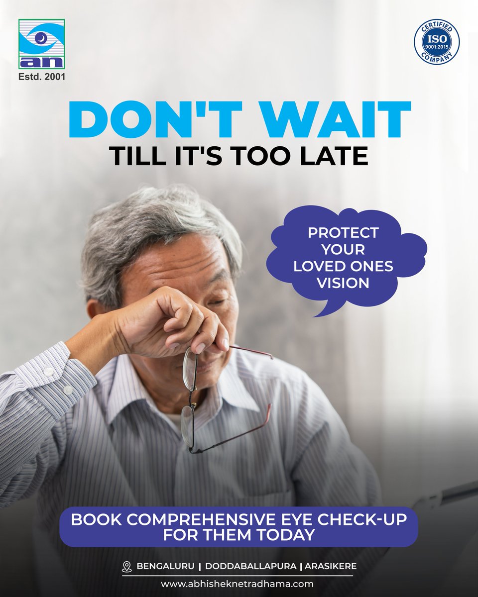 Early check-ups safeguard your parents vision loss—don’t leave it to chance. Visit Abhishek Nethradhama for complete eye screening and protection.

📞+91 77957 15203
🌐 abhisheknethradhama.com

#AbhishekNethradhama #ProtectYourVision #DiabeticRetinopathy #EyeHealth