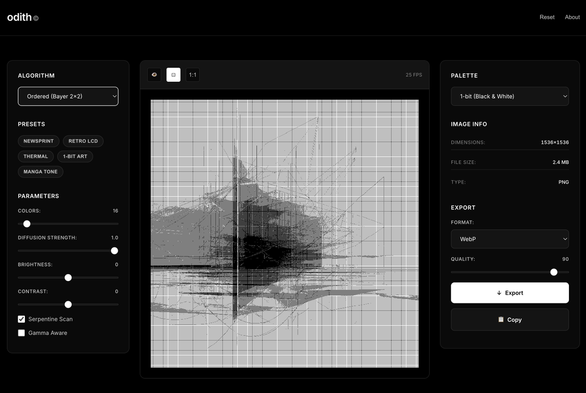 cipherprojects's tweet image. Are you on team dither?
Ohdith is a client-side image dithering tool that runs 100% in your browser.
• Your images never leave your device
• Multiple dithering algorithms and color palettes
• Export to WebP, PNG, or JPEG
• Works offline once loaded
Created by Cipher…