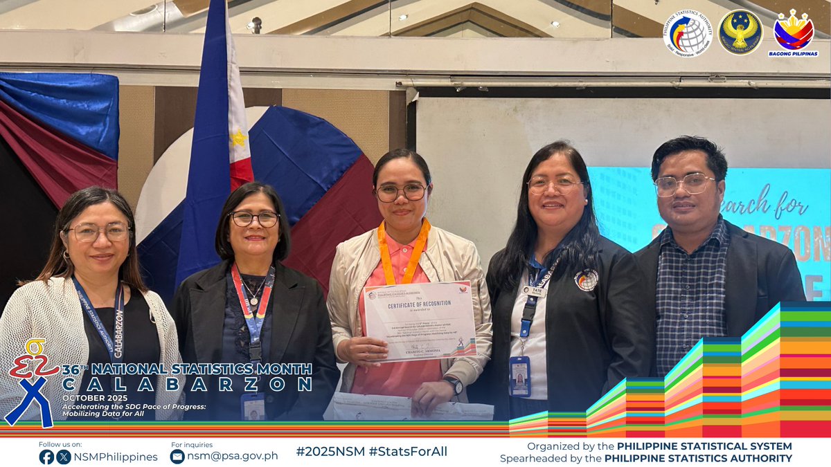 psacalabarzon's tweet image. Ms. Anne Rizza A. Enriquez of the CPDO Lipa City dominated the competition, earning the title of Champion! While Mr. Rizal D. Mitra (MPDO, Bay, Laguna) and Ms. Glaiza M. Bello (DTI Calabarzon), secured 2nd and 3rd place, respectively.
#36thNSM
#2025NSM #StatsForAll