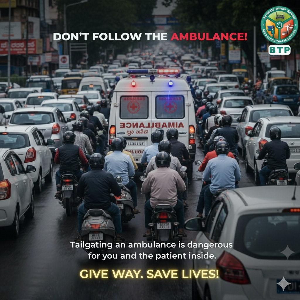 blrcitytraffic's tweet photo. ನಿಜವಾದ ವೀರರು ಸೈರನ್‌ಗಳನ್ನು ಬೆನ್ನಟ್ಟುವುದಿಲ್ಲ — ಅವರು ಅದಕ್ಕೆ ದಾರಿ ಮಾಡಿಕೊಡುತ್ತಾರೆ. ನೀವು ಟ್ರಾಫಿಕ್‌ನಿಂದ ತಪ್ಪಿಸಿಕೊಳ್ಳಲು ಆಂಬುಲೆನ್ಸ್‌ನ್ನು ಹಿಂಬಾಲಿಸಿದಾಗ, ನೀವು ಯಾರೋ ಒಬ್ಬರ ಜೀವವನ್ನು ಅಪಾಯಕ್ಕೆ ಒಡ್ಡುತ್ತೀರಿ ಎಂದರ್ಥ. ಆ ಸೈರನ್ ಯಾರೋ ಒಬ್ಬರು ಪ್ರತಿ ಉಸಿರಾಟಕ್ಕಾಗಿ ಹೋರಾಡುತ್ತಿದ್ದಾರೆ ಎನ್ನುವುದನ್ನು ತಿಳಿಸುತ್ತದೆ. ಅಂಬುಲೆನ್ಸ್ ಅನ್ನು  ಆಸ್ಪತ್ರೆಗೆ ಬೇಗ ತಲುಪಲು ಬಿಡಿ.

Real heroes don’t chase sirens — they make way for them.
When you follow an ambulance just to escape traffic, you’re putting someone’s life at risk.
That siren means someone is fighting for every breath.
Let them reach the hospital faster — not you. 

#btp #traffic #public #awarness #ambulance #dontfollowthecrowd #savelife #ride #safe #livelong #follow #rules