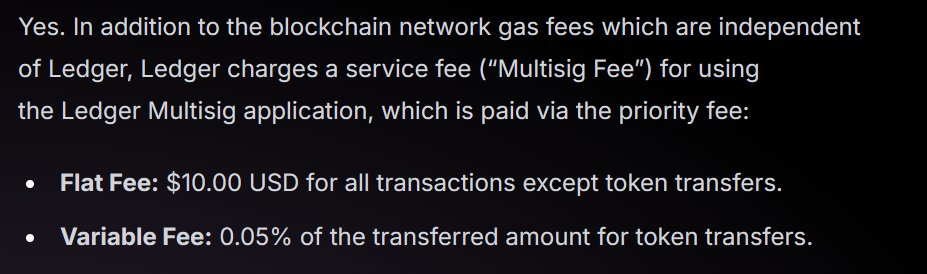 pcaversaccio's tweet image. yesterday Ledger announced a new Safe multisig interface that supports clear signing. Overall a good move, I thought (interface diversity is good). Well, guess what, they charge a "Multisig Fee" on top of gas: $10 flat for normal txs, 0.05% for token transfers. You might say…