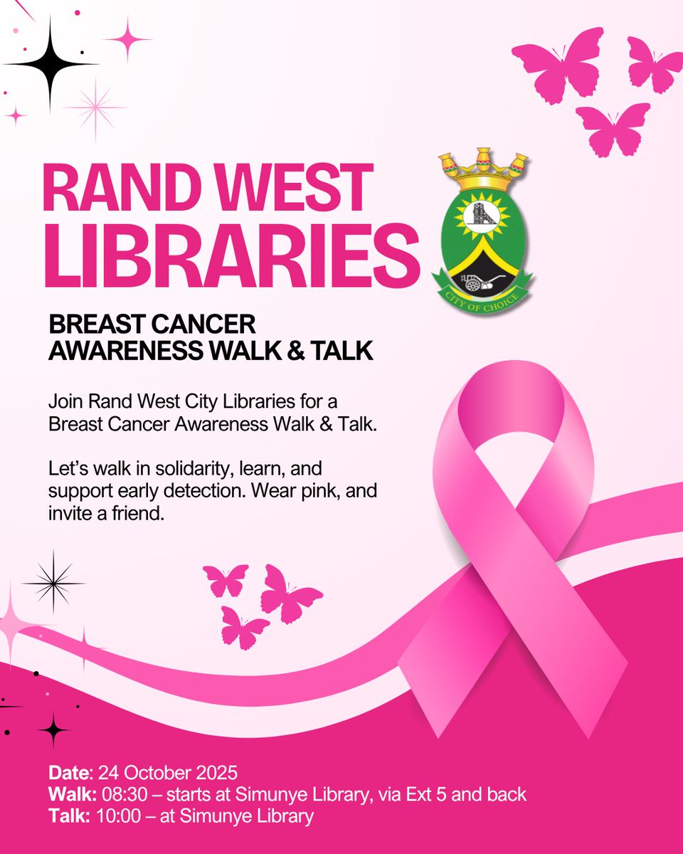 Join Rand West Libraries for a Breast Cancer Awareness Walk &amp; Talk Today, 24 Oct 2025.
Walk: 08:30 (start/finish Simunye Library, via Ext 5)
Talk: 10:00 (Simunye Library) on screening &amp; early detection.
Wear pink, bring water, invite a friend. #RWCLM #BreastCancerAwareness