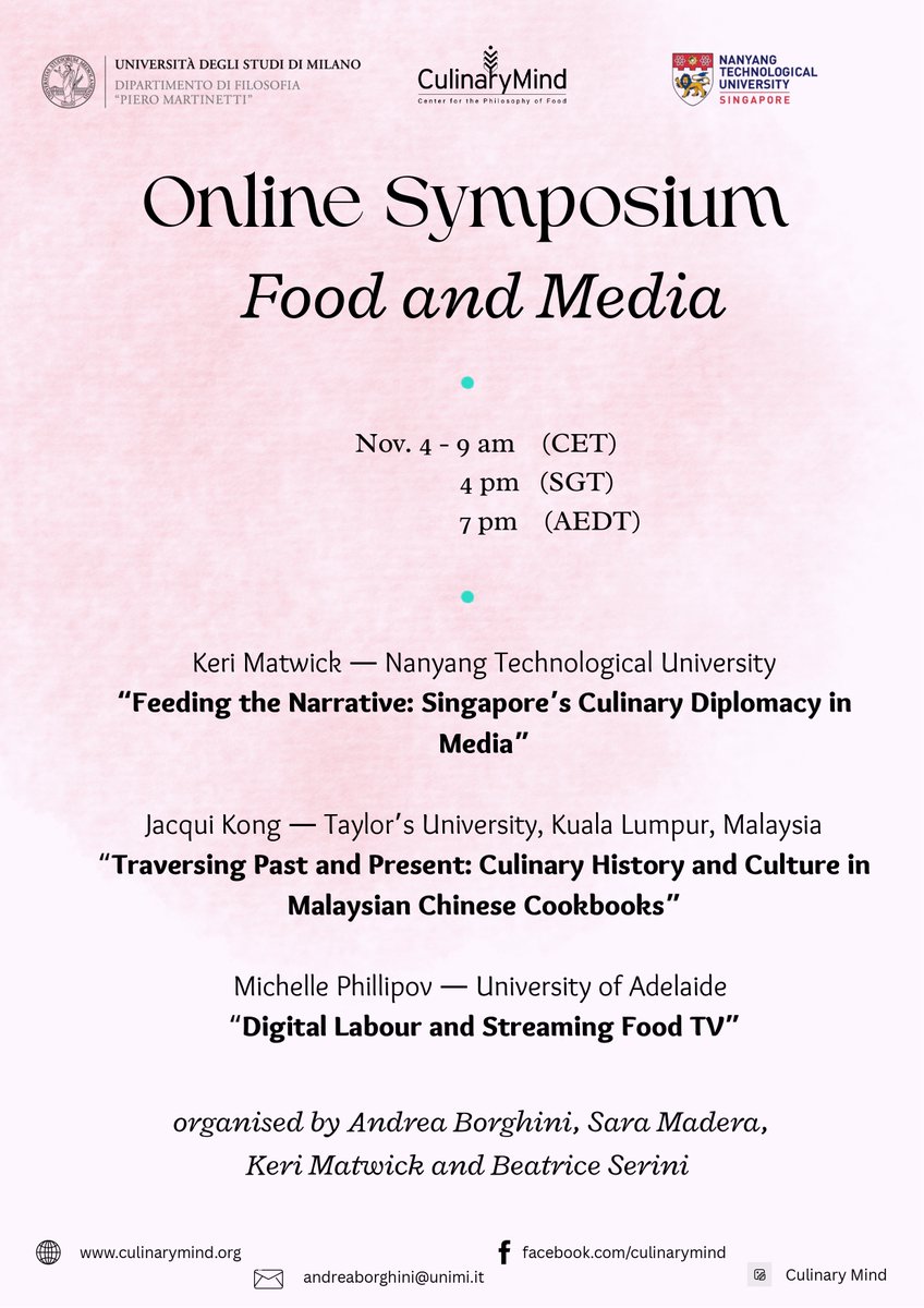 ✨ The third event in our Online Event Series is the symposium “Food and Media”, featuring Keri Matwick, Jacqui Kong, and Michelle Phillipov.  
🗓️ November 4th at 9:00 AM (Milan Time) 
🔗 Register here to join the event: culinarymind.org/foodandmedia