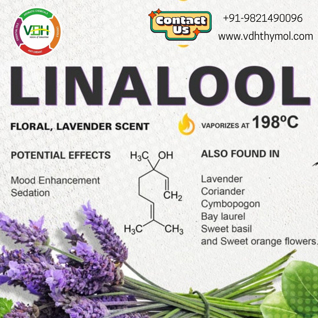 vdhorganicspltd's tweet image. 💐 Meet the secret behind your favorite floral fragrance — Linalool! 💐

This naturally derived compound delivers a refreshing, delicate aroma that relaxes the mind and enhances your skincare, cosmetics, and aromatherapy products.

#Linalool #vdhgroup #manufacturer #supplier