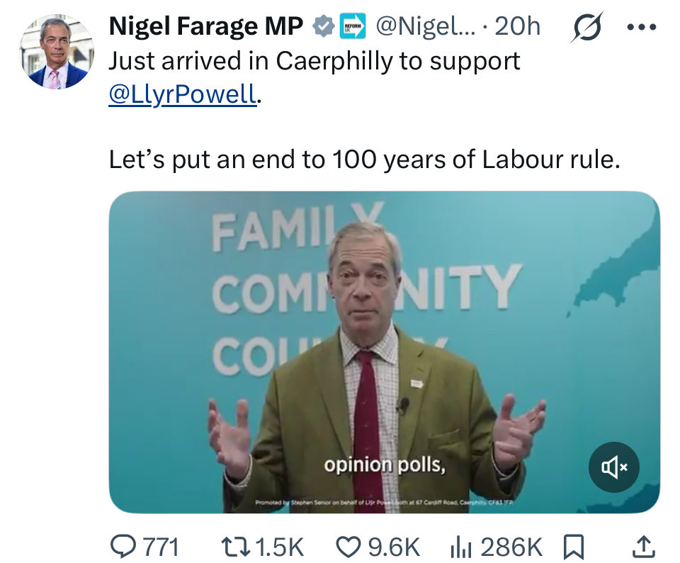 Well done <a href="/Nigel_Farage/">Nigel Farage MP</a> you have achieved your goal in Caerphilly. Does <a href="/reformparty_uk/">Reform UK</a> still support PR? Would it have made a difference in Caerphilly where a majority of voters were disappointed? <a href="/MakeVotesMatter/">Make Votes Matter</a>
