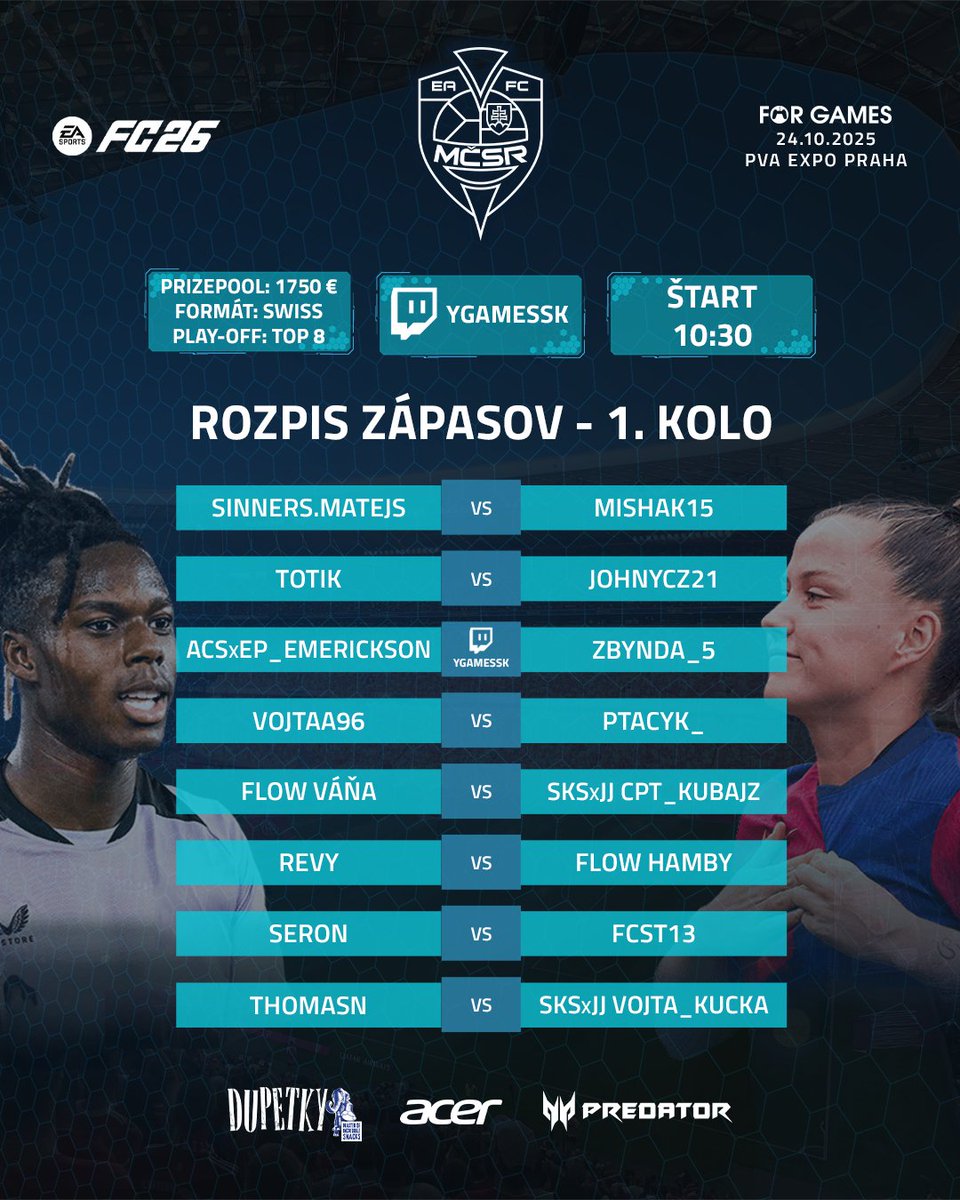 Už dnes začína For Games festival, v rámci ktorého sa v PVA EXPO Praha odohrá Mistrovství České a Slovenské republiky v hre EA FC 26! ⚽ Začíname už od 10:30 na twitch.tv/ygamessk 🎮

Hrať bude sa systémom swiss, najlepšia osmička postupuje do play-off. 💪

Vysielanie