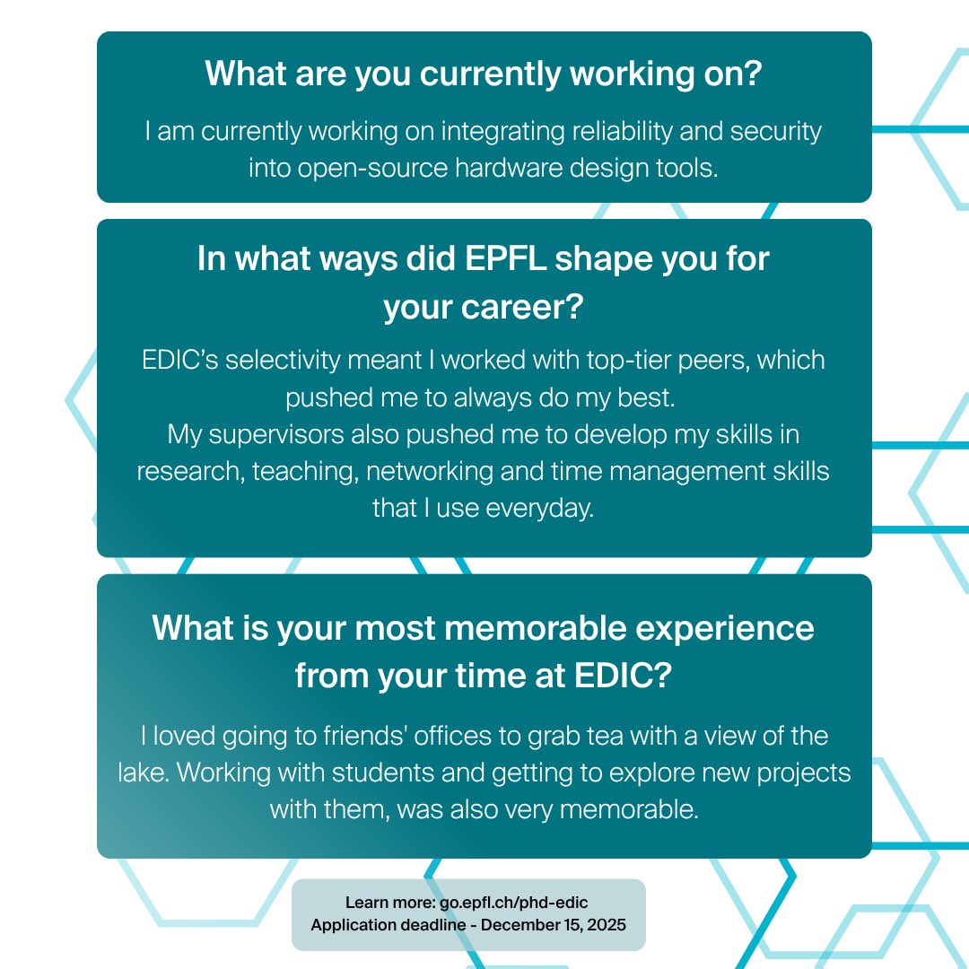 ICepfl's tweet image. 🎓 Alumni Spotlight: Dina Mahmoud (@dgm_dina) 🎓
Assistant Professor at American University in Cairo (@AUC), specializing in Computer Architecture & Integrated Systems.
Her work explores hardware security & reliability, including the first FPGA-to-CPU fault-injection exploit.