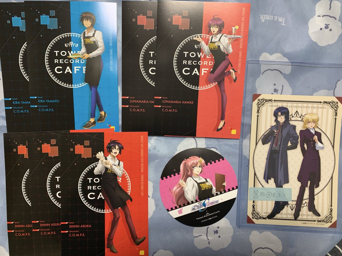 E_3_1's tweet photo. タワレコ特典
キラ、ラクス、シン、ルナマリア
ポスカ、コースター:各300円
ドリンクおまけ:無料（左下に折れ有り）
特典:各500円（ルナマリアのみタワレコロゴ部分に折れ有り） https://t.co/PtRQvQ4TnJ