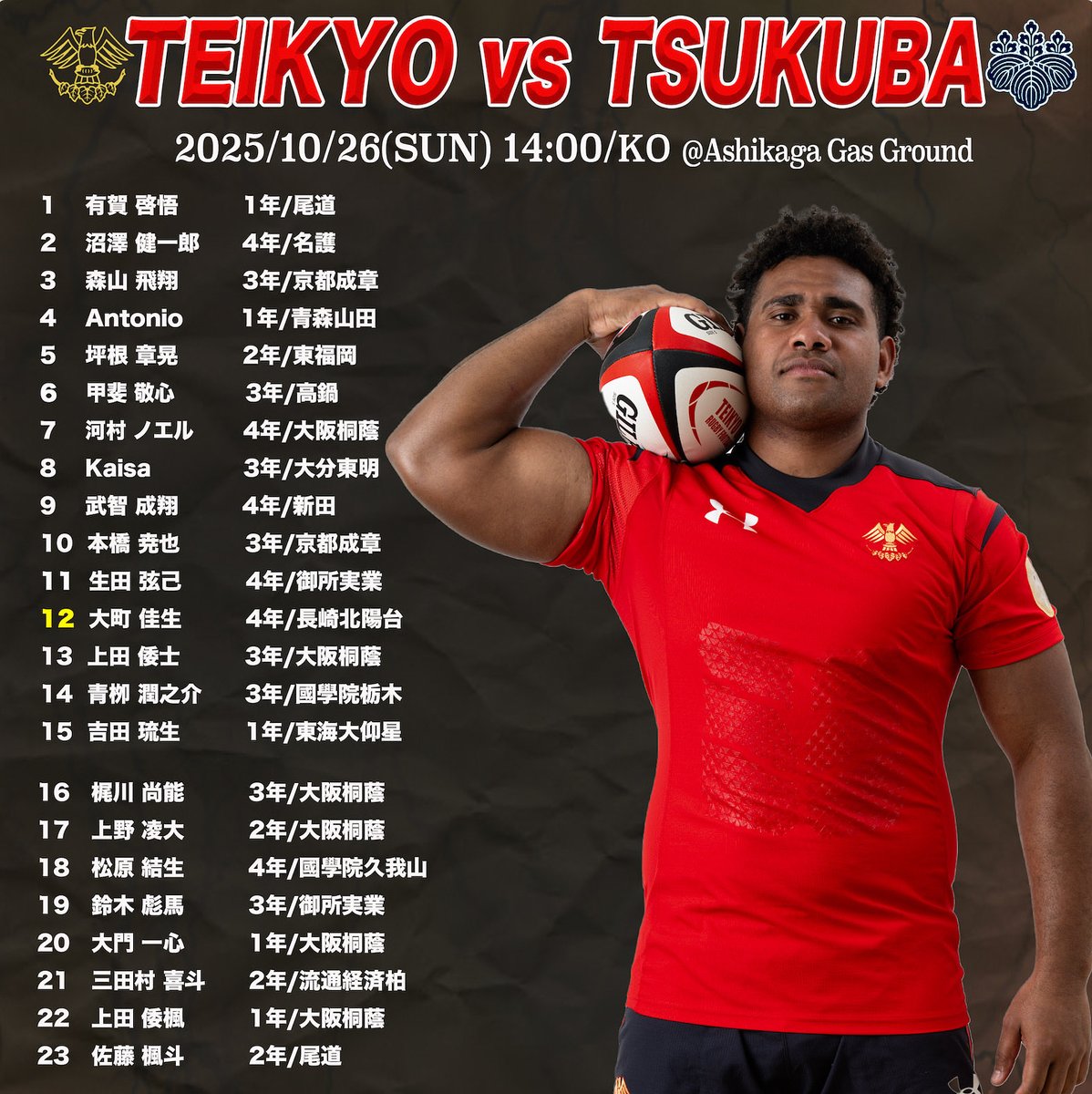 帝京大学　ラグビー　ダウン上下 🚃< 新入部員紹介！第4弾 >🚃 元田 翔太 (もとだ しょうた) 熊本