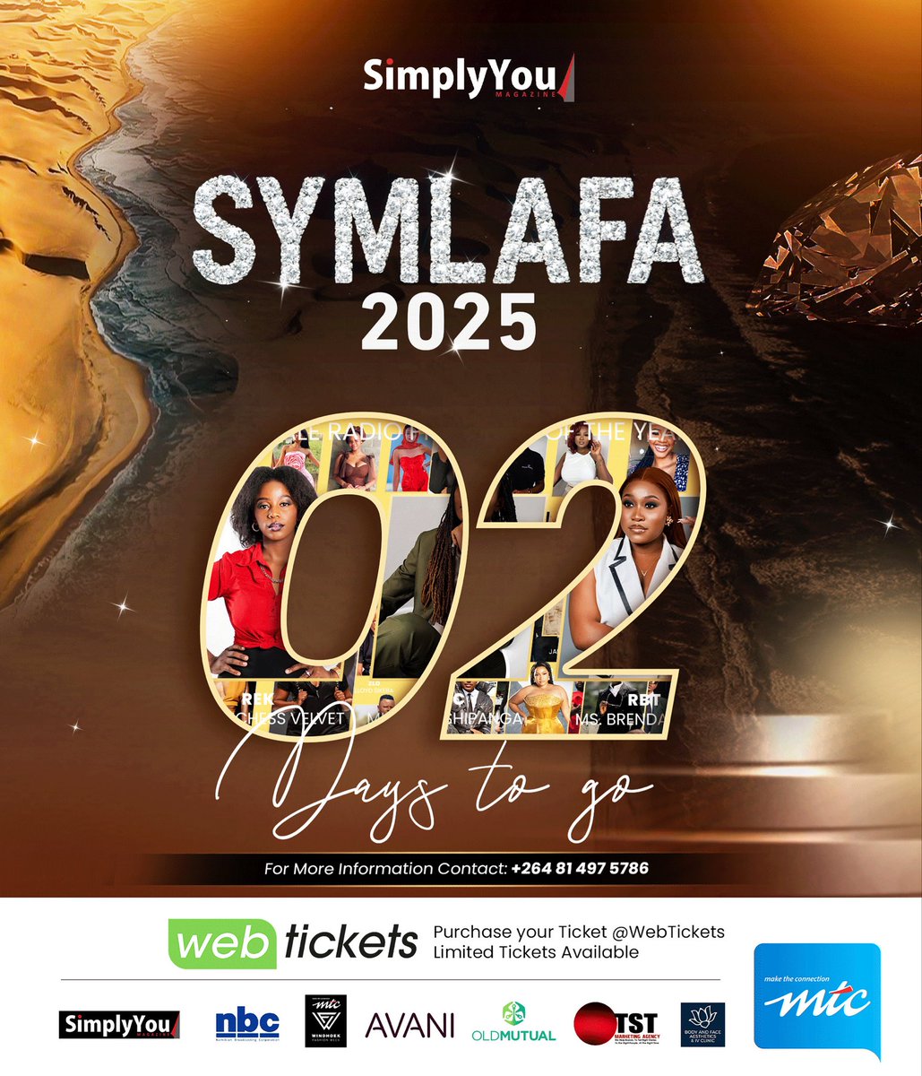 𝐃𝐀𝐘 𝟐 — 𝐀𝐥𝐦𝐨𝐬𝐭 𝐒𝐡𝐨𝐰𝐭𝐢𝐦𝐞 🎬

Just 2 days until the biggest red carpet celebration in Namibia.
Elegance awaits. Are you ready? 

#SYMLAFA2025 #WeCelebrateYou