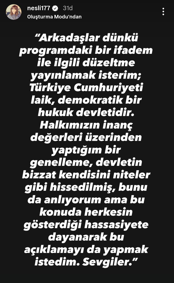 Temmzvolley's tweet photo. Neslihan Demir'den açıklama 

"Arkadaşlar dünkü programdaki bir ifadem ile ilgili düzeltme yayınlamak isterim; Türkiye Cumhuriyeti laik, demokratik bir hukuk devletidir. Halkımızın inanç değerleri üzerinden yaptığım bir genelleme, devletin bizzat kendisini niteler gibi hissedilmiş, bunu da anlıyorum ama bu konuda herkesin gösterdiği hassasiyete dayanarak bu açıklamayı da yapmak istedim. Sevgiler. "