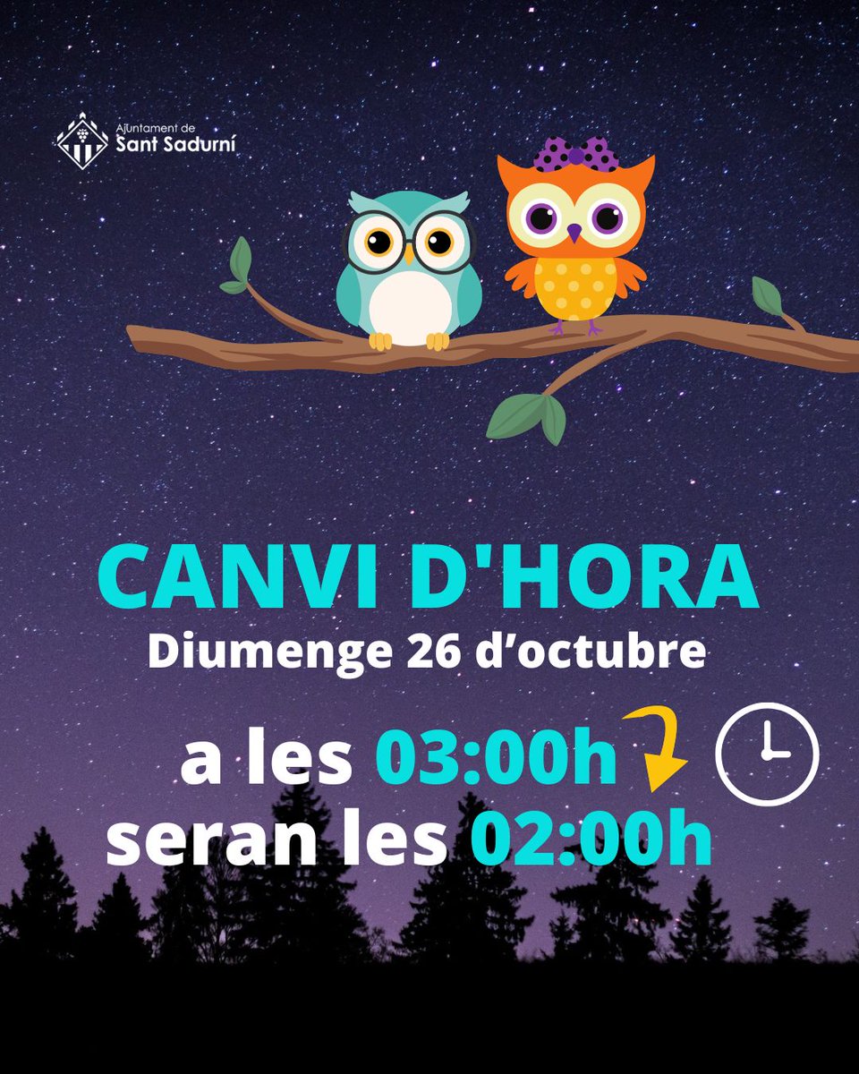 🕛  Canvi d'hora: a les tres seran les dues

📌 La nit de dissabte a diumenge 26 d'octubre endarrerim el rellotge una hora per entrar a l'horari d'hivern

➡️ bit.ly/47kjRBI

#canvidhora #santsadurni