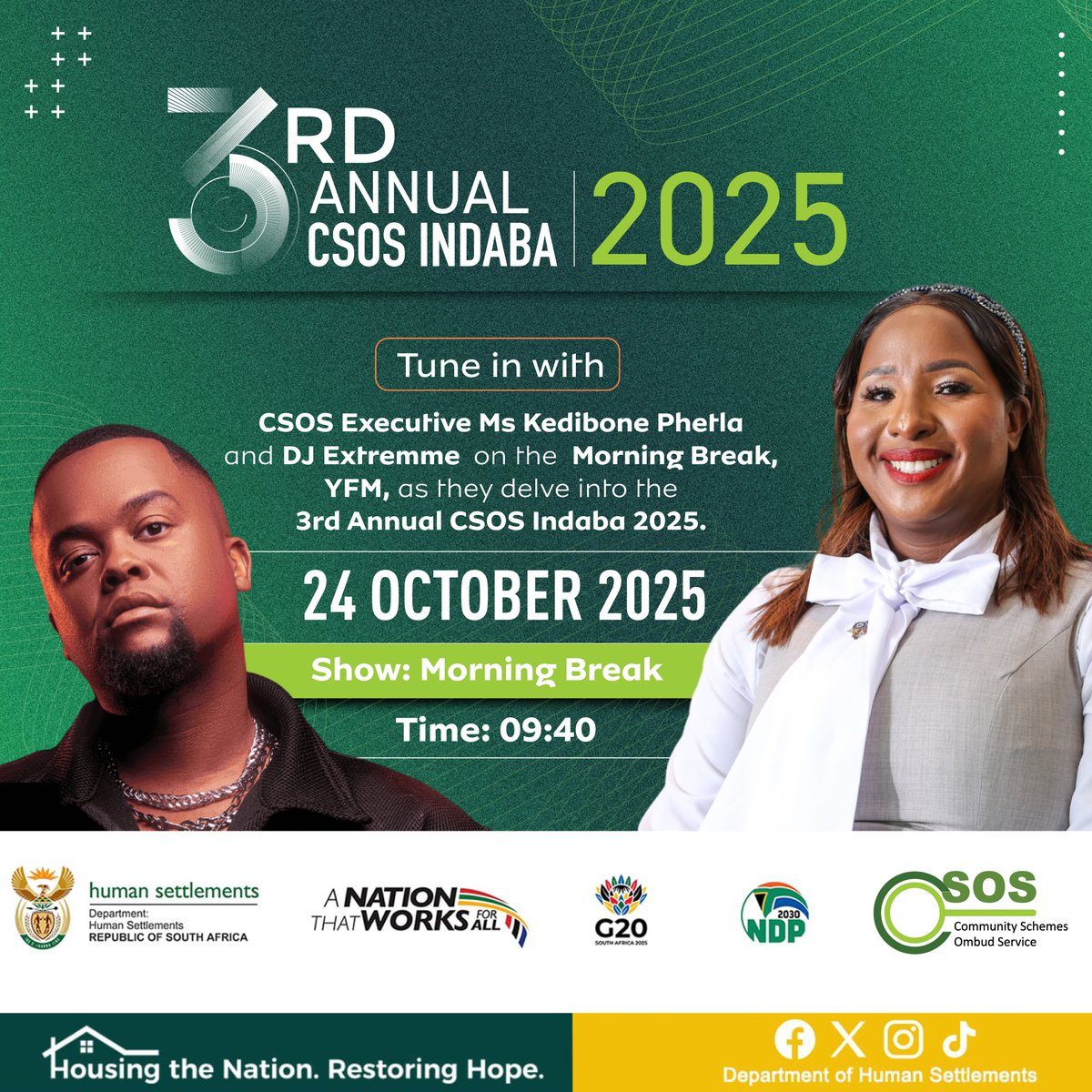 CSOS_SA's tweet image. Catch Kedibone Phetla, Executive for Organisational Strategy & Performance at CSOS, live on @YFM!
She’ll unpack how CSOS helps South Africans live harmoniously in shared spaces — and what to expect at the #CSOSIndaba2025. 🌱
#CSOSCares #SharedResponsibility #HarmoniousLiving