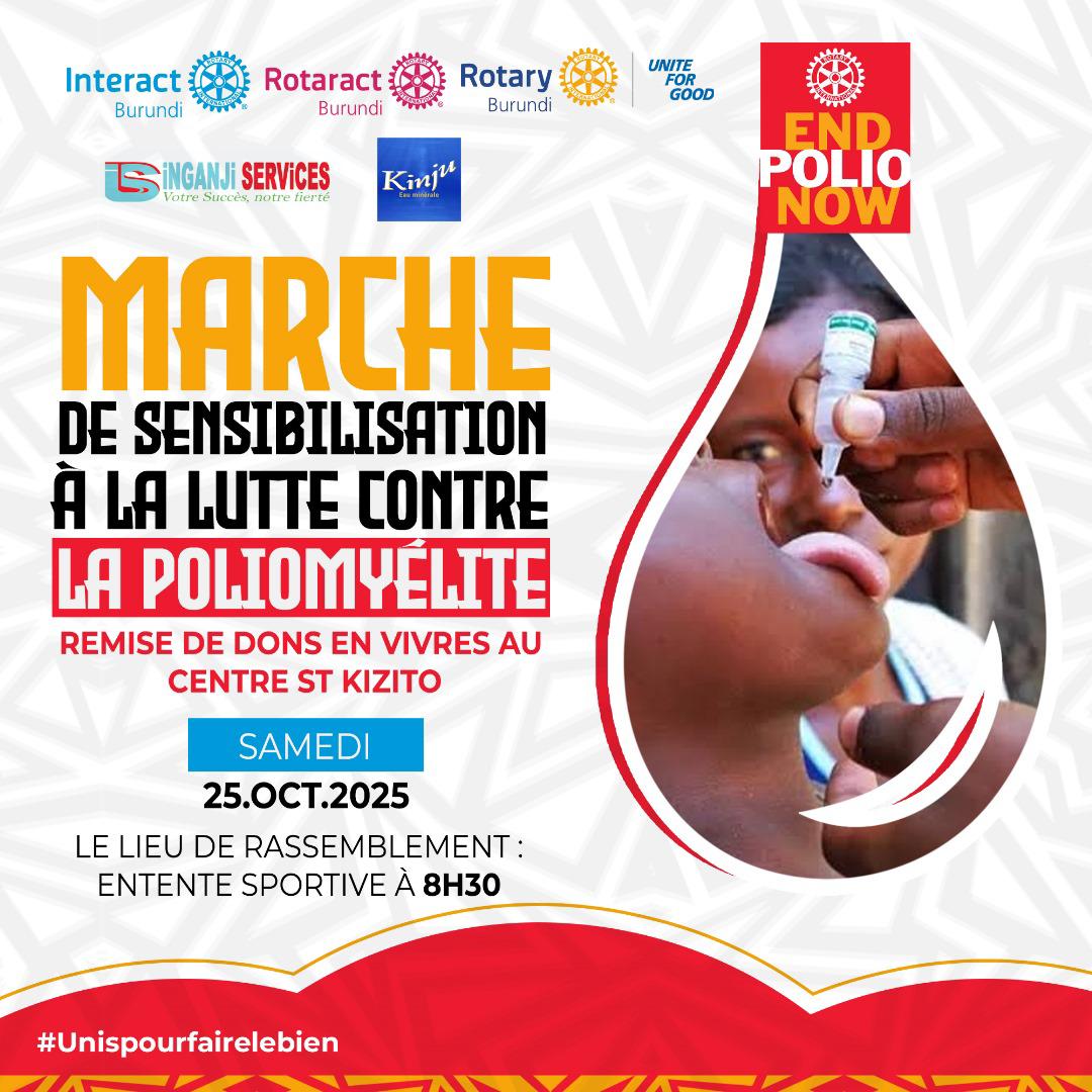 rcbk2012's tweet photo. Le #rotaryburundi réaffirme son engagement pour un monde sans polio!Grâce au @Rotary &amp; ses partenaires, des millions d’enfants sont protégés.Mais la lutte continue! 
📅Ce samedi 25 oct:����‍♂️Marche de sensibilisation et🤝Dons en vivres au Centre St Kizito #EndPolioNow #OMS #UNICEF https://t.co/cPKZTqeE6n