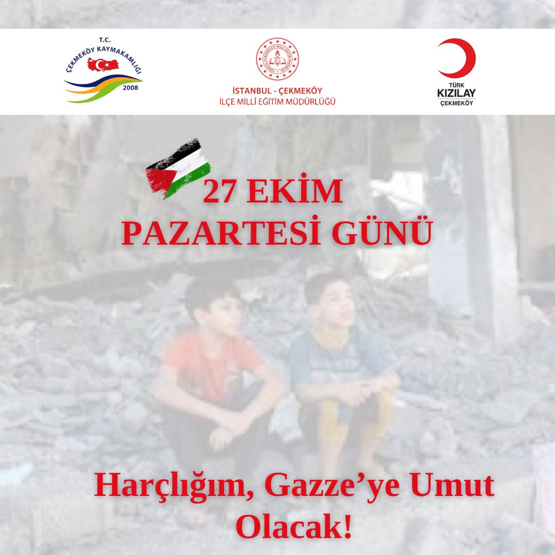 🌍 Bir iyilik köprüsü, Çekmeköy’den Gazze’ye uzanıyor:
“Harçlığım, Gazze’ye Umut Oluyor!” 🇹🇷🤝🇵🇸

Gazze’de her gün binlerce çocuk, en temel ihtiyaçlarından yoksun bir şekilde yaşam mücadelesi veriyor. Onların gözlerindeki umut ışığı sönmesin diye, biz de Çekmeköy olarak el ele
