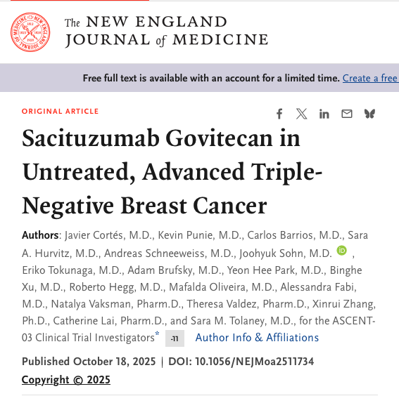 ASCENT-03: Sacituzumab Govitecan in Untreated, Advanced Triple-Negative #BreastCancer 

nejm.org/doi/full/10.10…

Presented at #ESMO25 : Finds In patients with advanced triple-negative breast cancer ineligible for PD-1 or PD-L1 inhibitors, sacituzumab govitecan significantly