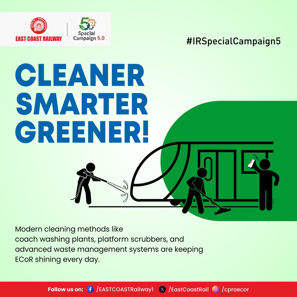 EastCoastRail's tweet image. East Coast Railway continues its journey toward eco-friendly and innovative railway services. Let’s join hands to keep our surroundings clean and green
#Cleaner #Greener #SpecialCampaign5.0 #IRSpecialCampaign5 #SCDPM5.0

@RailMinIndia
