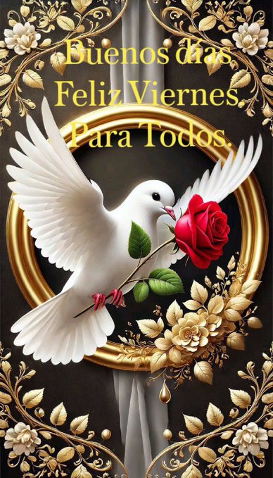 Ornate golden frame with intricate floral patterns surrounds a central white dove in flight holding a red rose in its beak, set against a dark background with yellow flower accents and decorative swirls.