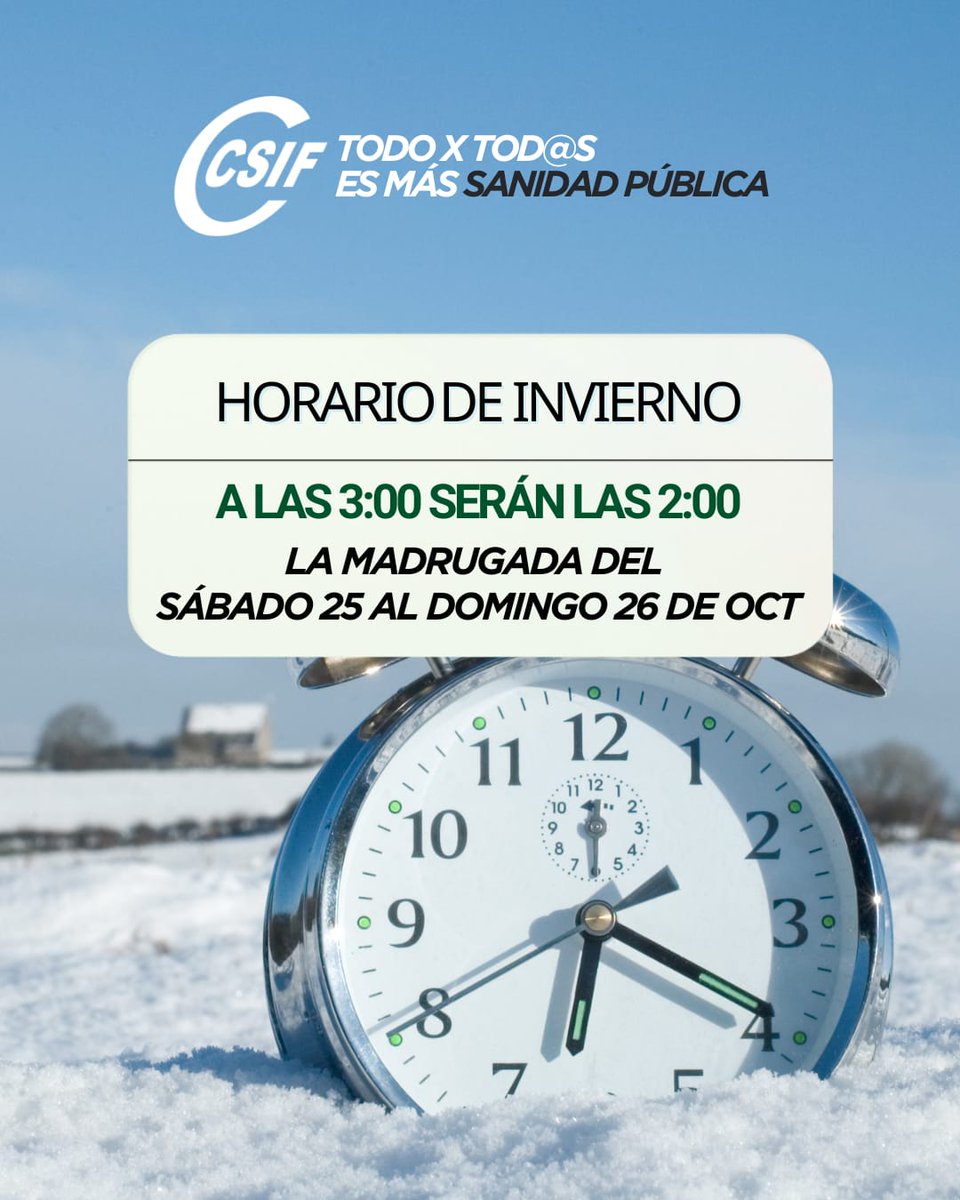 CSIFSanidadIB's tweet image. ❄️ *Llega el horario de invierno:*
La madrugada del sábado 25 al domingo 26 de octubre, a las 3:00 serán las 2:00.
Dormimos una horita más 😴 Y si te toca turno de noche o guardia, ¡mucha fuerza, café y paciencia! ☕💚