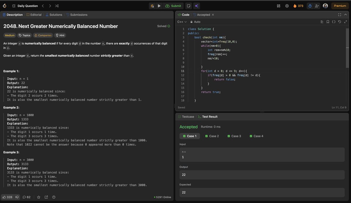 Sachin25660937's tweet image. 🏁 Day 12 of #100DaysOfCode
Today’s LeetCode POTD reinforced an important lesson: efficiency is all about choosing the right tools. My first attempt with unordered_map caused a TLE, but switching to a vector made the solution fast and successful 🚀
#LeetCode #DSA #BuildInPublic